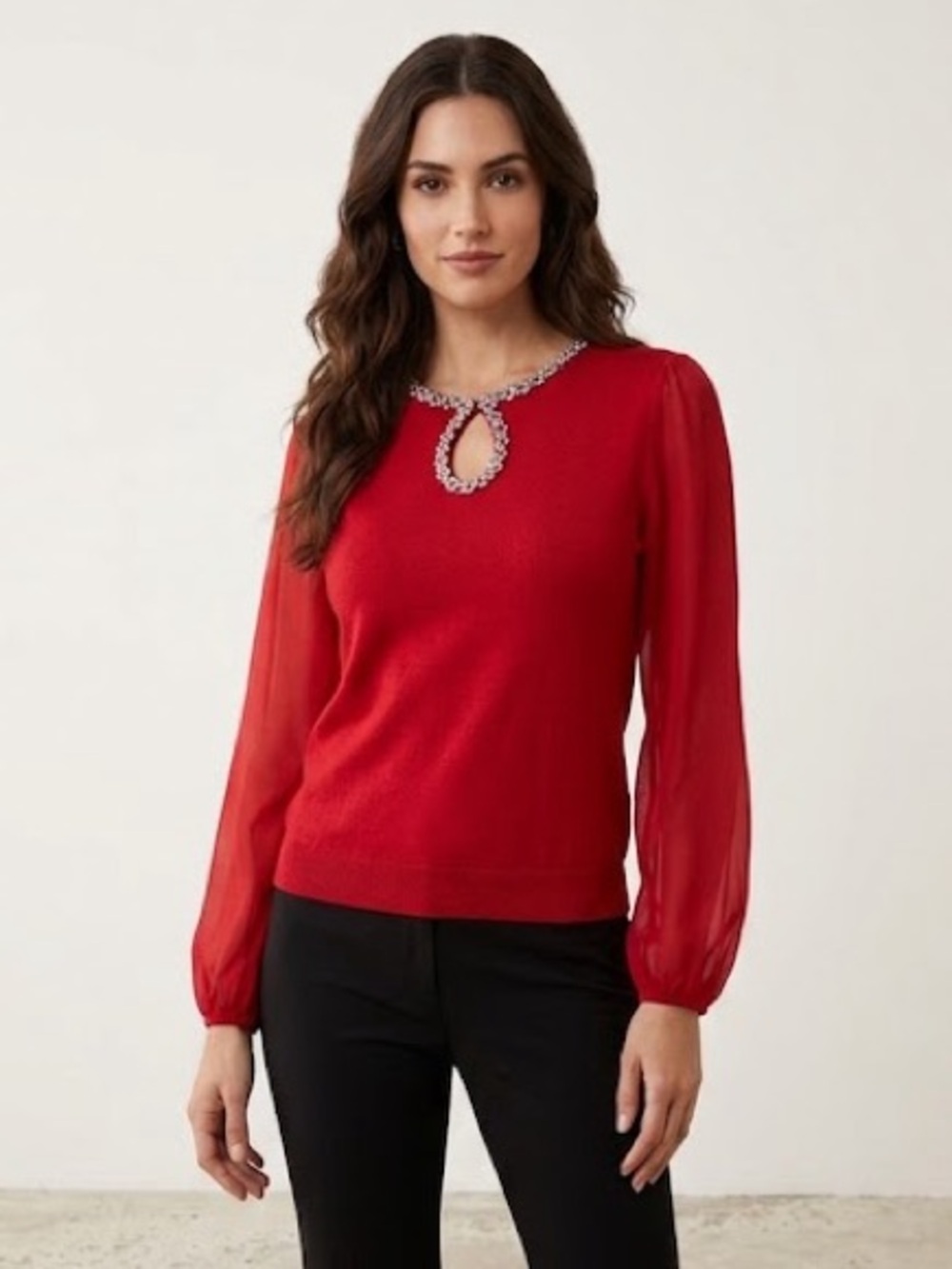 Adrianna Papell Red Jewel Neck Keyhole Top Sheer Sleeve Blouse